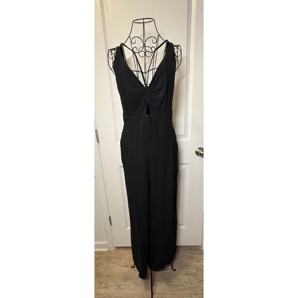 Unbranded Pants - Black Linen Blend Wide Leg Jumpsuit V-Neck Ruched Keyhole Smocked Back A898